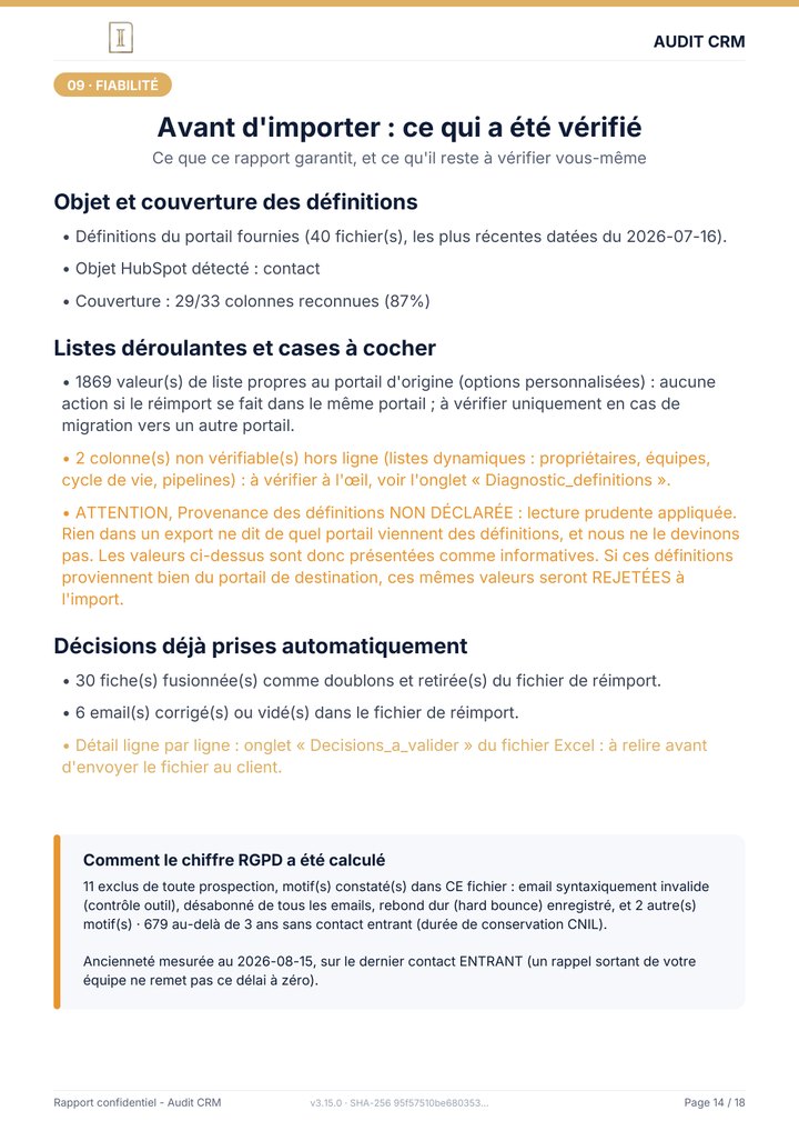 Page 14 du rapport : Avant d'importer : ce qui a été vérifié