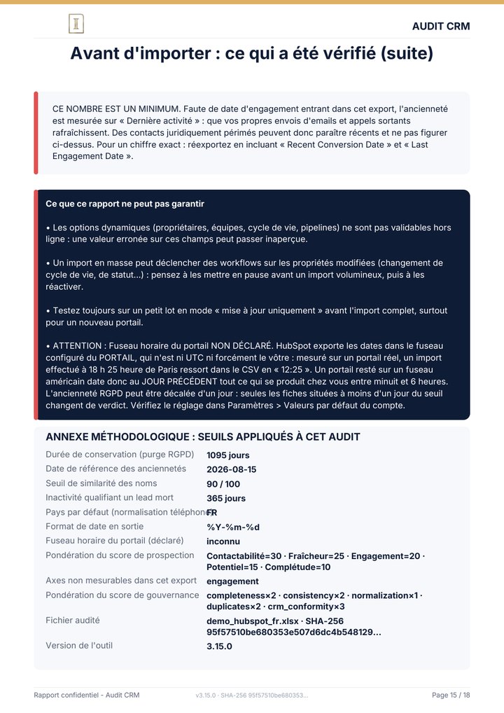 Page 15 du rapport : Avant d'importer : ce qui a été vérifié (suite)